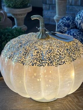 NEW! Vintage Inspired Metallic Gold Silver Glitter Lighted Fall Harvest Pumpkin
